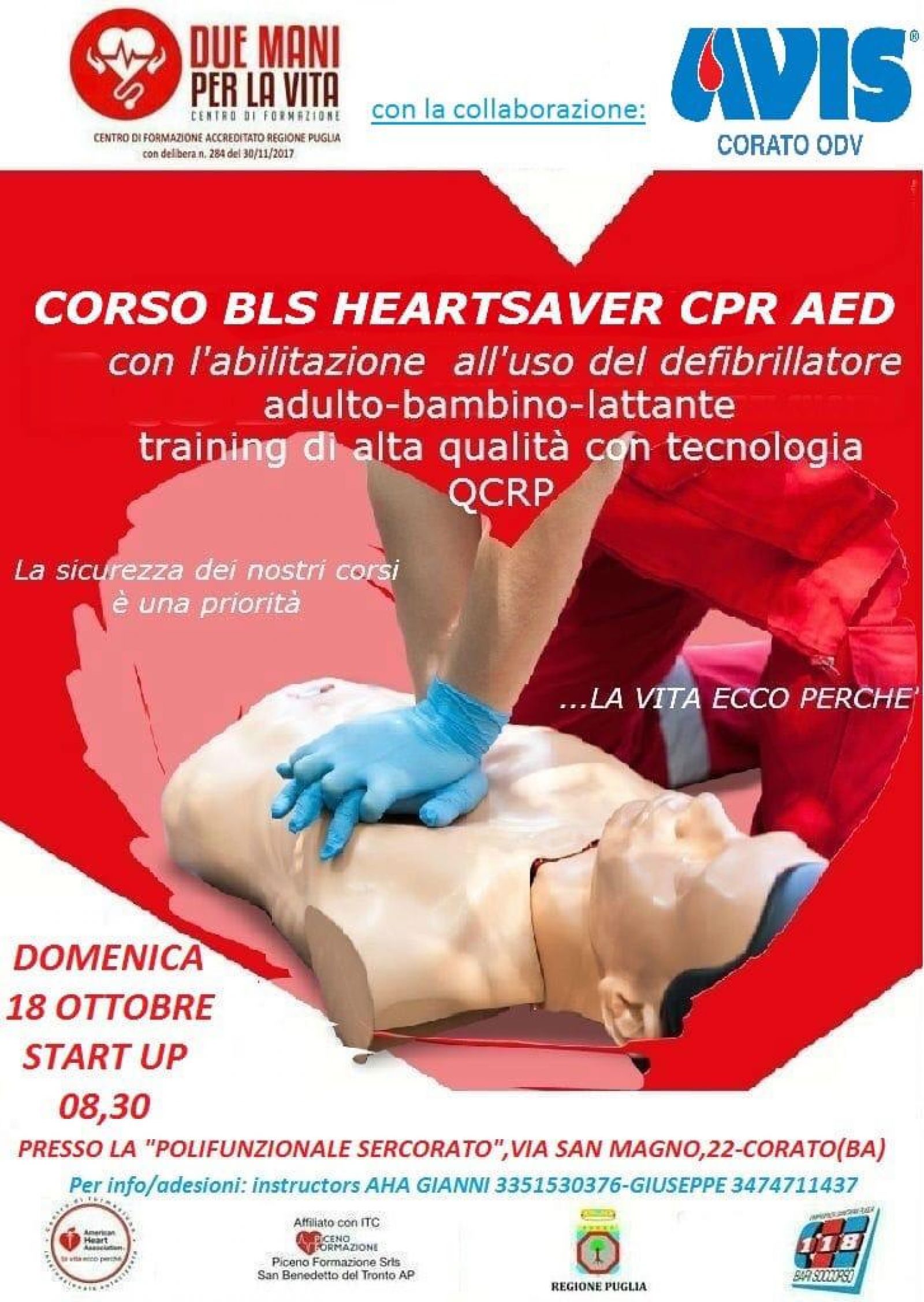 AVIS Corato organizza il corso BLSD in collaborazione con l'Associazione Due Mani Per La Vita