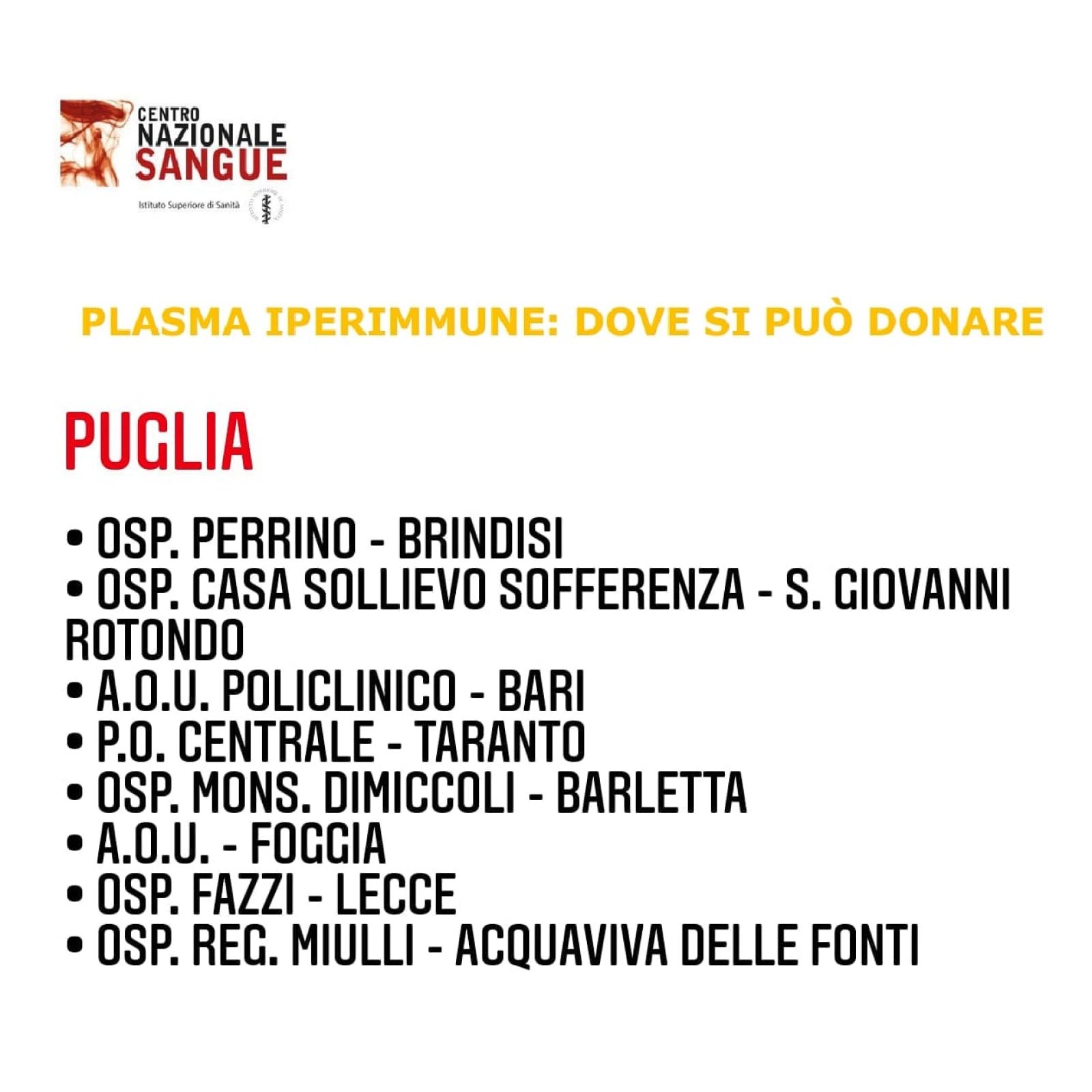 PLASMA IPERIMMUNE - DOVE SI PUO' DONARE