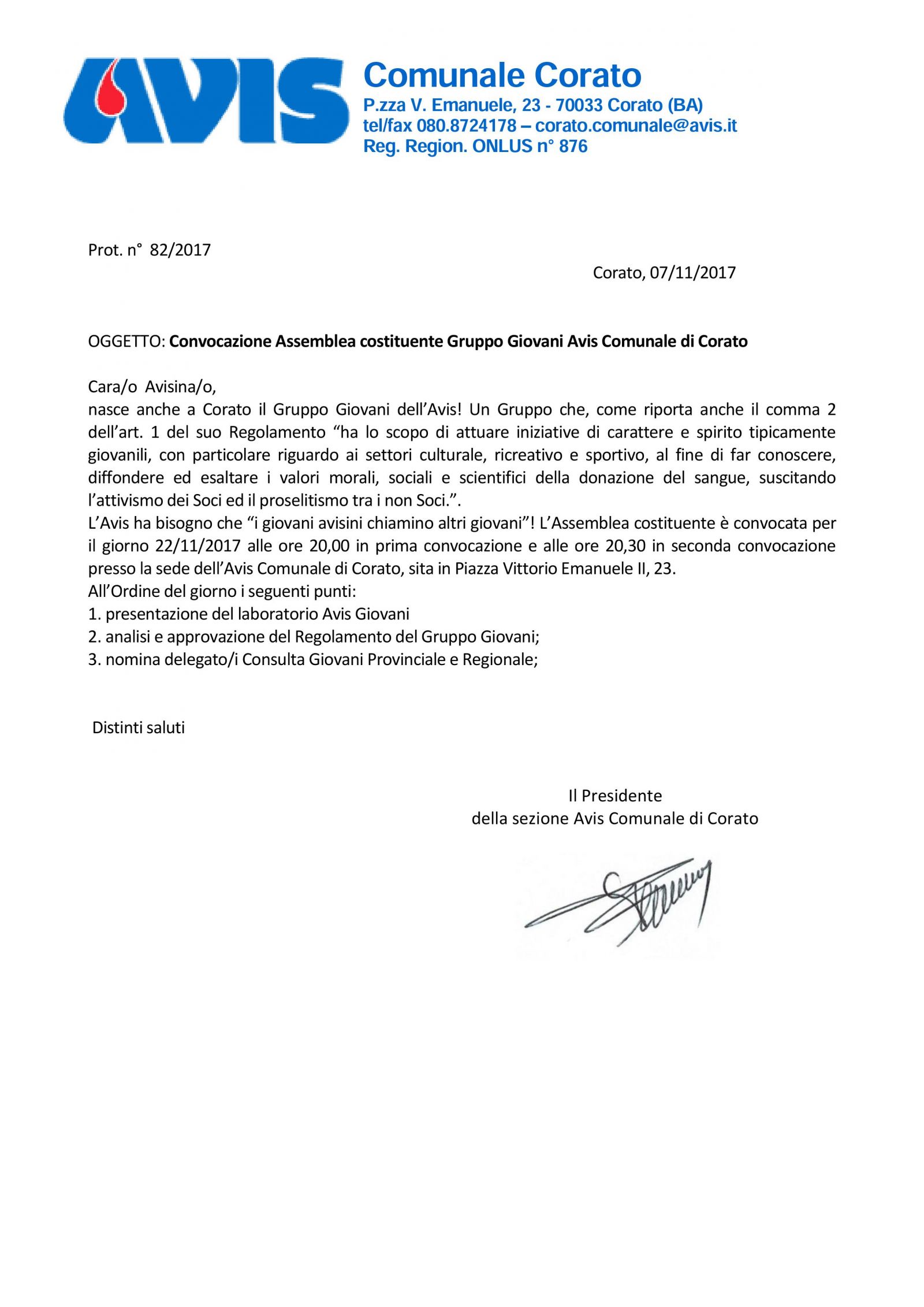 Convocazione Assemblea costituente Gruppo Giovani Avis Comunale di Corato